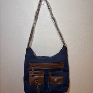 Stone Mountain Navy Blue Canvas & Brown Leather Trim Hobo Shoulder Bag